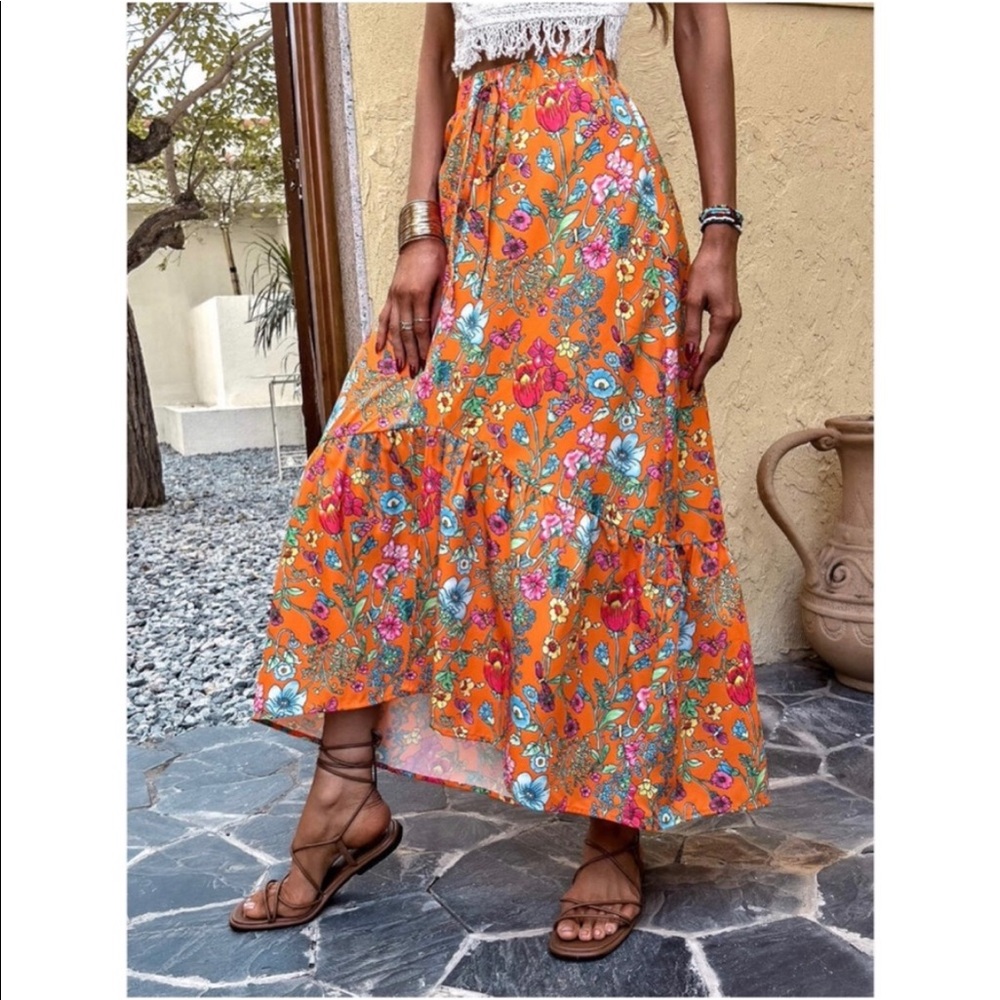 Boho Orange Floral Print Maxi Skirt